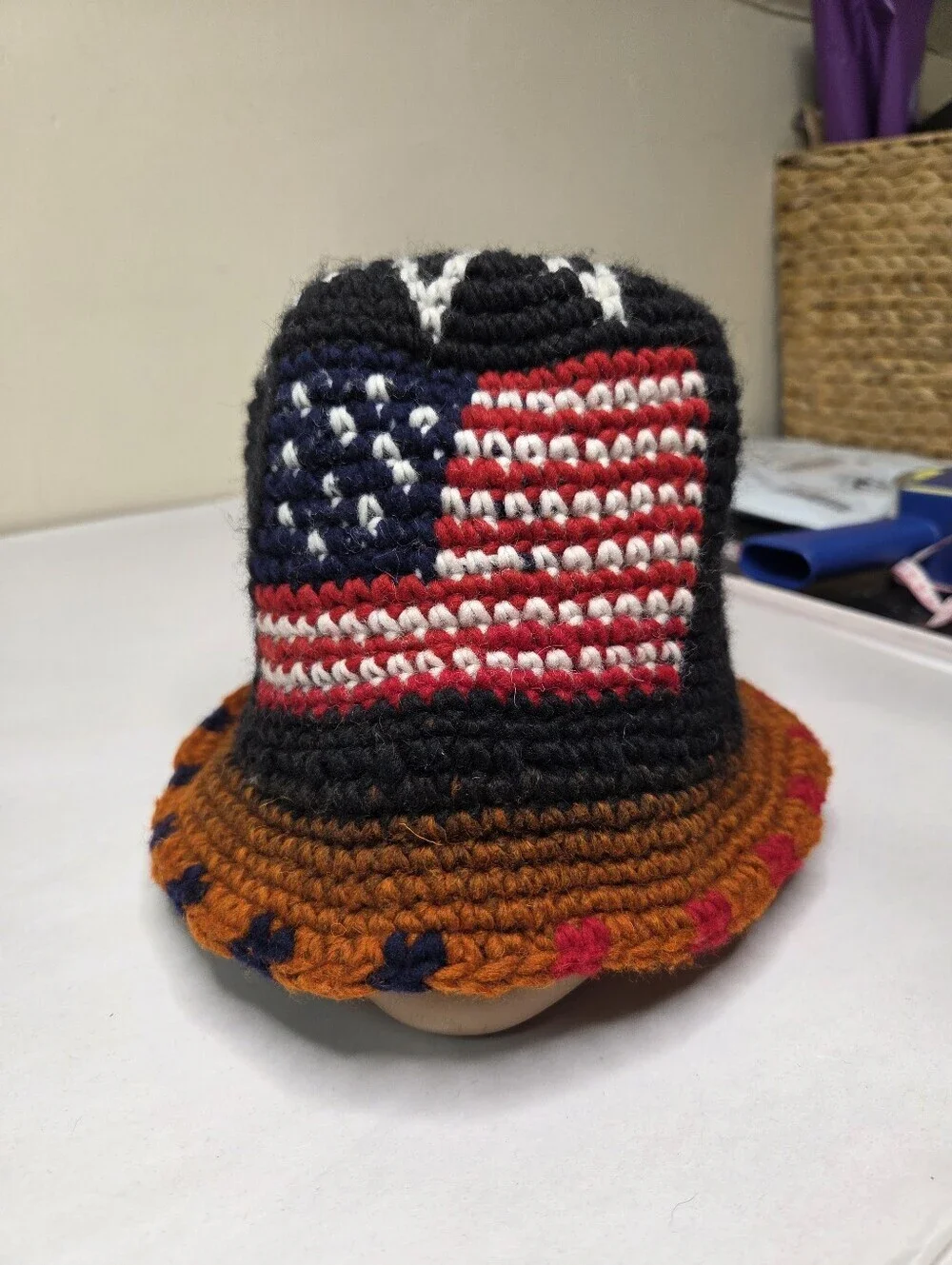 SisanDina Ecuador 100% Wool Handmade Crochet Bucket Hat American Flag Patriotic
